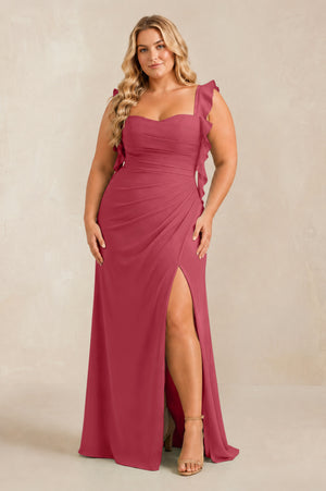 Merlot Ruffled Sleeve Ruched Sheath Chiffon Bridesmaid Dress [sizeplus] | KISSBRIDAL