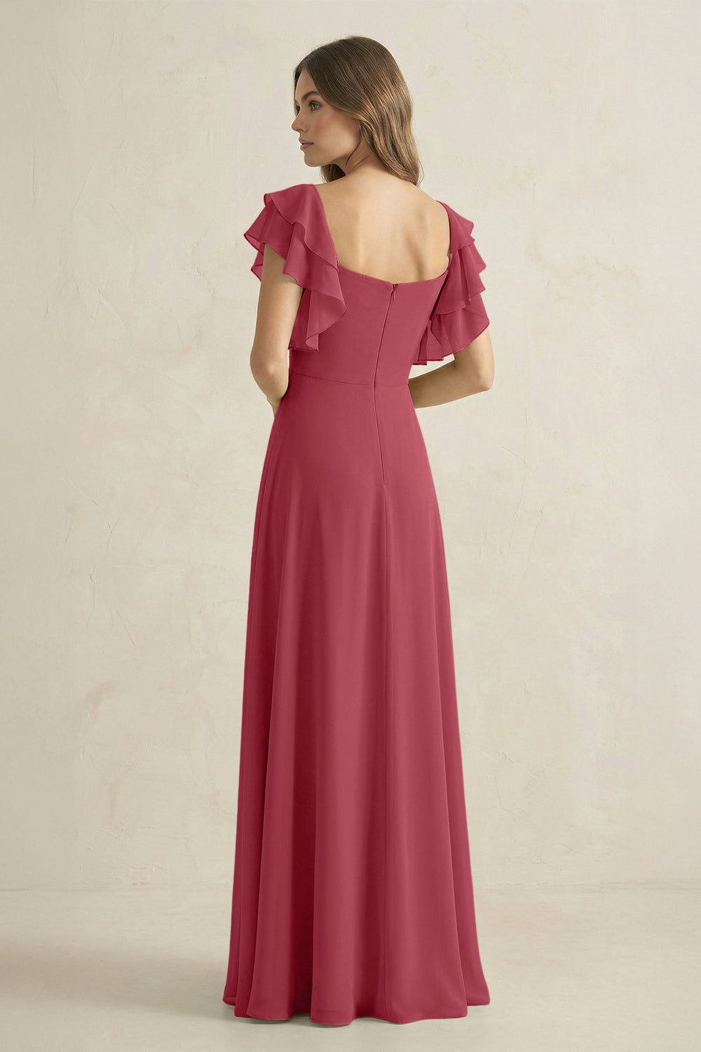 Ruffled Sleeves A-Line Chiffon Bridesmaid Dress in Merlot