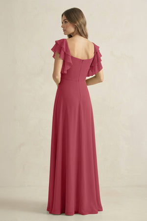 Merlot Ruffled Sleeves A-Line Chiffon Bridesmaid Dress (2) | KISSBRIDAL
