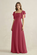 Merlot Ruffled Sleeves A-Line Chiffon Bridesmaid Dress | KISSBRIDAL