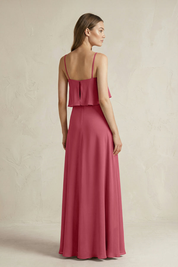 Merlot Ruffled Spaghetti Strap A-Line Chiffon Bridesmaid Dress in Merlot (2) | KISSBRIDAL