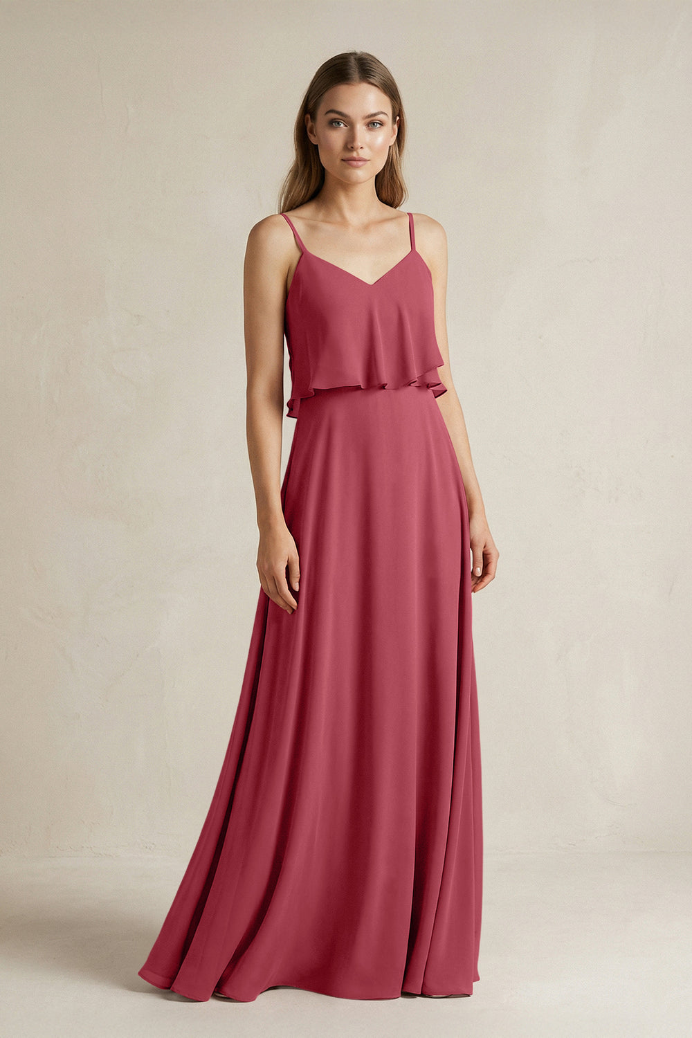 Ruffled Spaghetti Strap A-Line Chiffon Bridesmaid Dress in Merlot