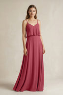 Merlot Ruffled Spaghetti Strap A-Line Chiffon Bridesmaid Dress in Merlot | KISSBRIDAL
