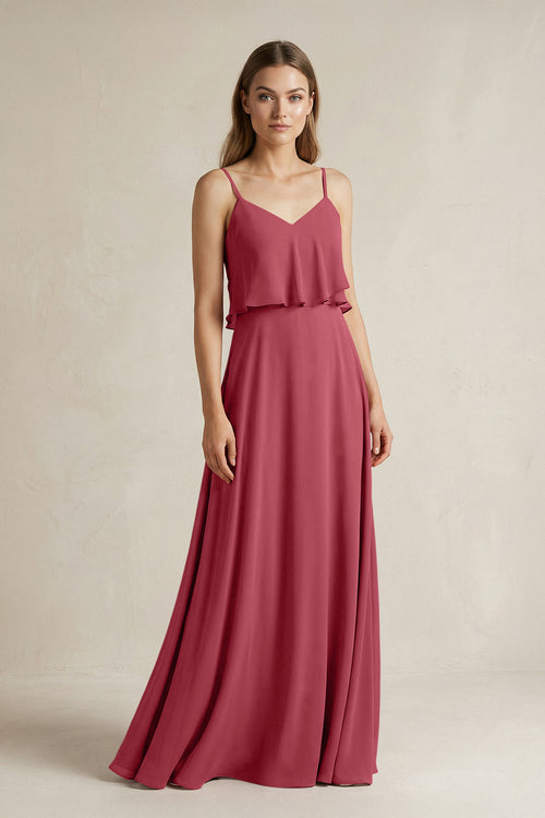 Merlot Ruffled Spaghetti Strap A-Line Chiffon Bridesmaid Dress in Merlot | KISSBRIDAL