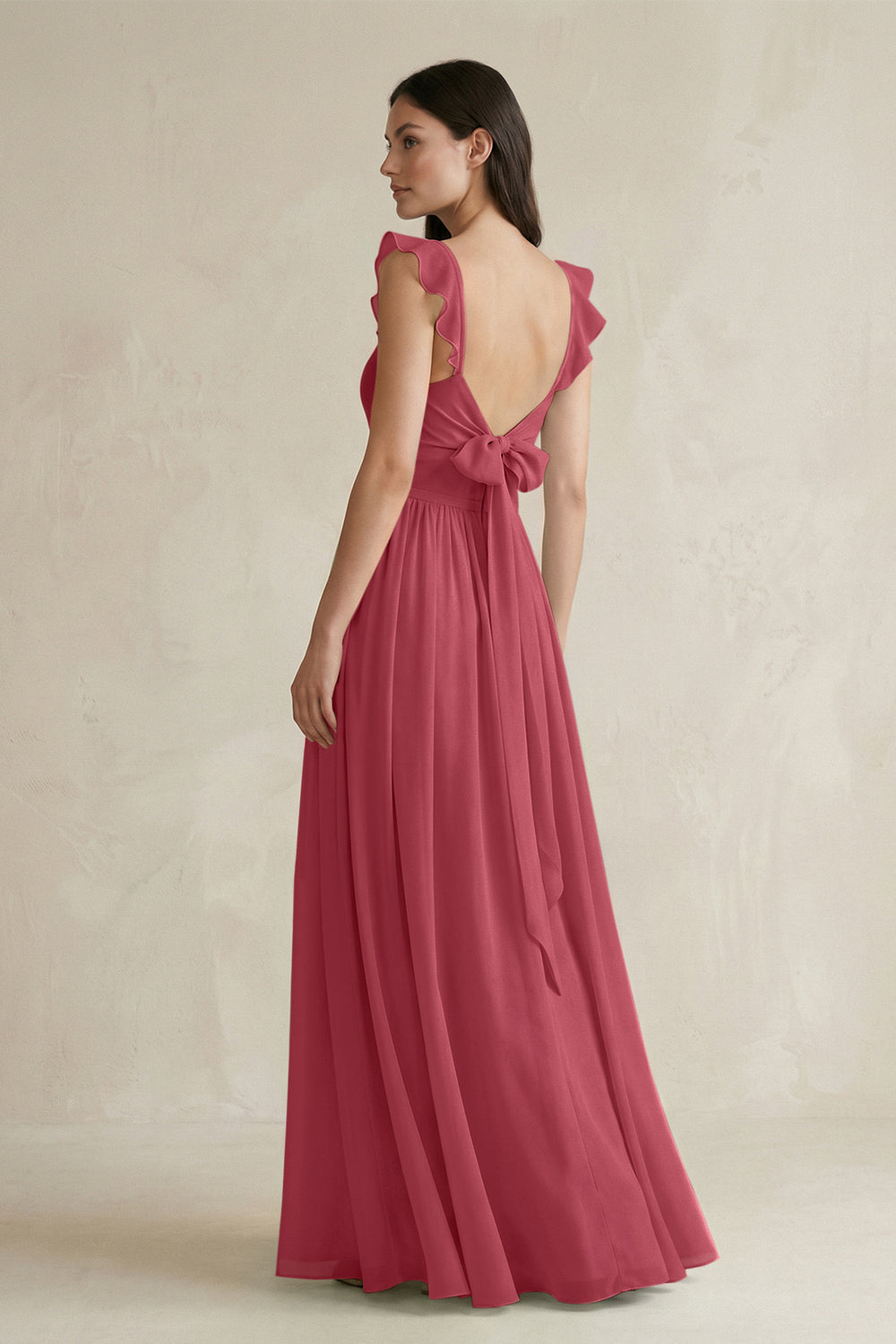 Ruffled Spaghetti Strap Chiffon A-Line Bridesmaid Dress in Merlot