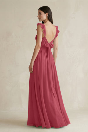 Merlot Ruffled Spaghetti Strap Chiffon A-Line Bridesmaid Dress (2) | KISSBRIDAL