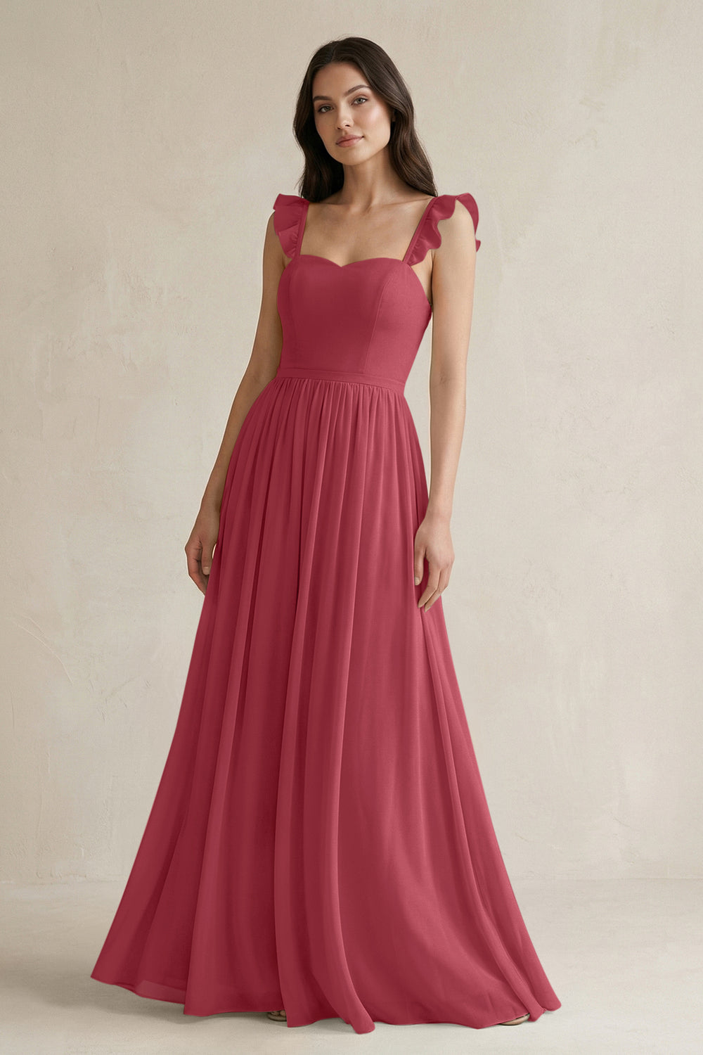Ruffled Spaghetti Strap Chiffon A-Line Bridesmaid Dress in Merlot