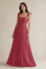 Merlot Ruffled Spaghetti Strap Chiffon A-Line Bridesmaid Dress | KISSBRIDAL