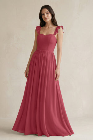 Merlot Ruffled Spaghetti Strap Chiffon A-Line Bridesmaid Dress | KISSBRIDAL
