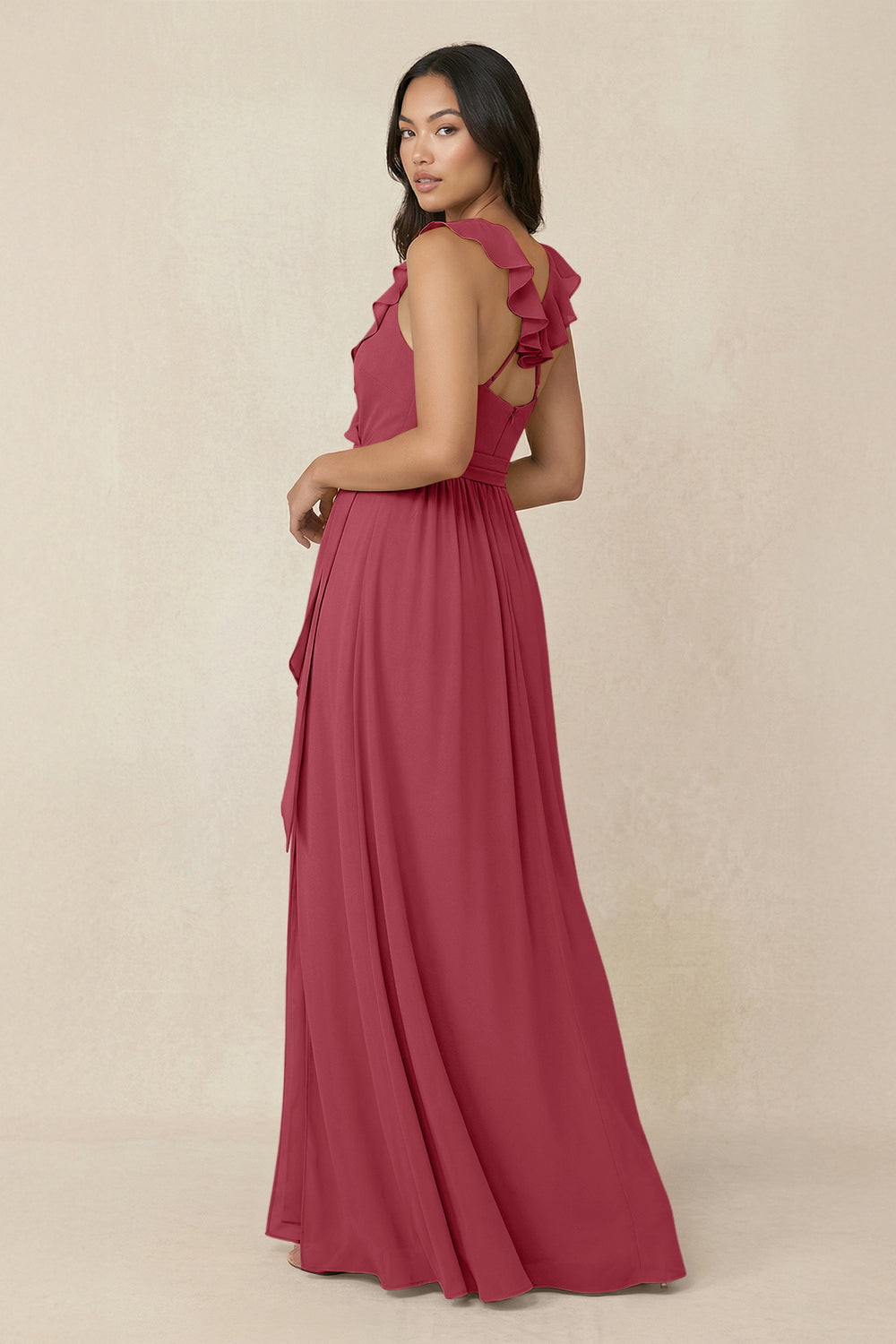 Ruffled V-Neck A-Line Chiffon Bridesmaid Dress in Merlot