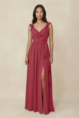 Merlot Ruffled V-Neck A-Line Chiffon Bridesmaid Dress | KISSBRIDAL