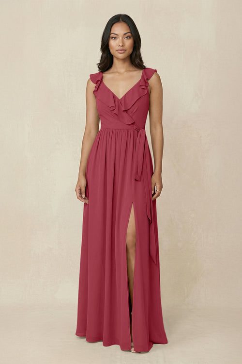 Merlot Ruffled V-Neck A-Line Chiffon Bridesmaid Dress | KISSBRIDAL