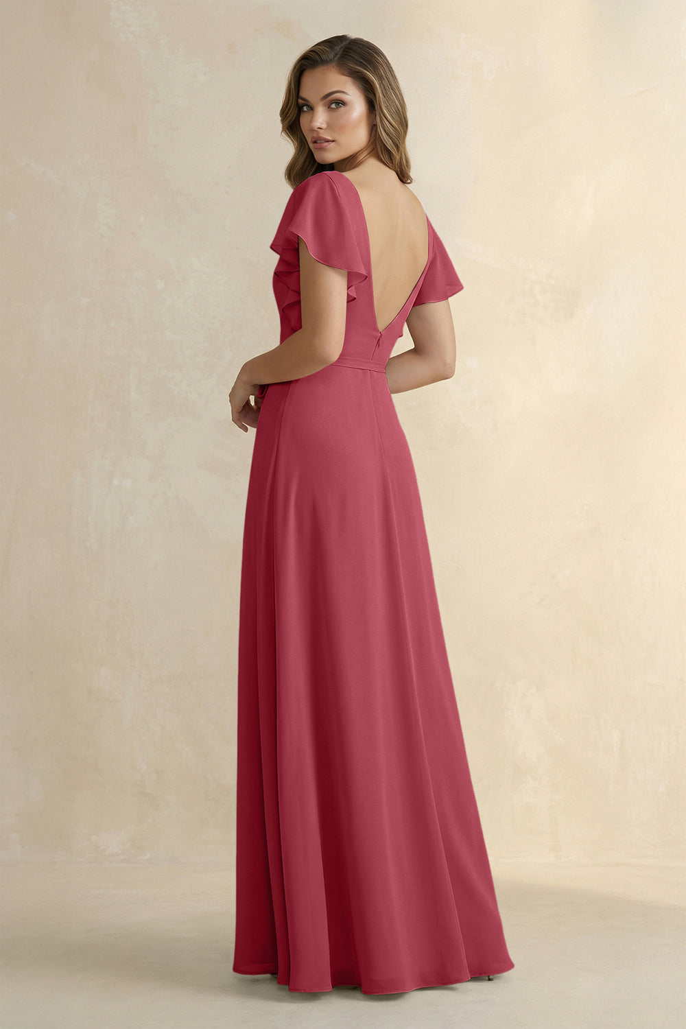 Ruffled V-Neck Chiffon A-Line Bridesmaid Dress in Merlot