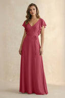 Merlot Ruffled V-Neck Chiffon A-Line Bridesmaid Dress | KISSBRIDAL