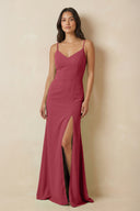 Merlot Sheath Cami Strap Chiffon Bridesmaid Dress with Slit | KISSBRIDAL