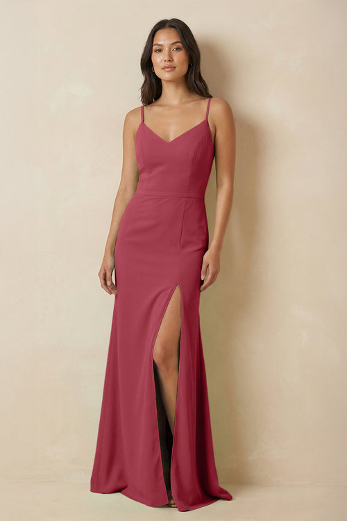 Merlot Sheath Cami Strap Chiffon Bridesmaid Dress with Slit | KISSBRIDAL