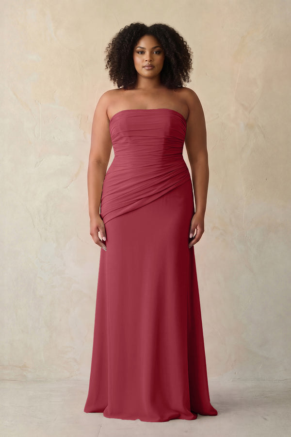 Merlot Sheath Chiffon Strapless Pleated Bridesmaid Dress (3) [sizeplus] | KISSBRIDAL