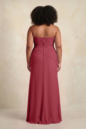 Merlot Sheath Chiffon Strapless Pleated Bridesmaid Dress (4) [sizeplus] | KISSBRIDAL