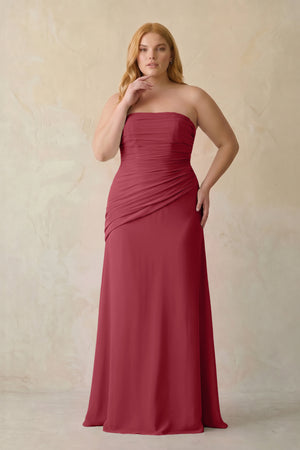 Merlot Sheath Chiffon Strapless Pleated Bridesmaid Dress [sizeplus] | KISSBRIDAL