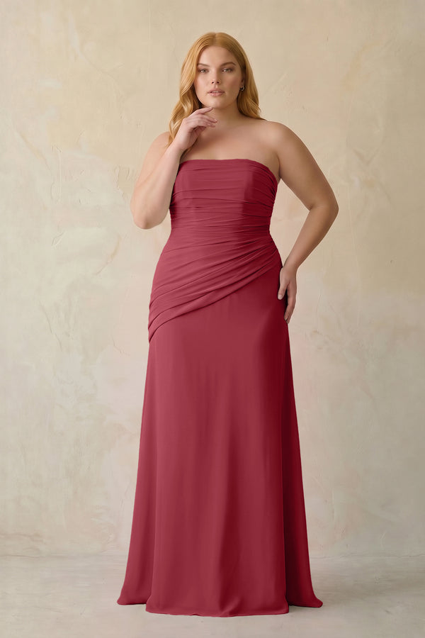 Merlot Sheath Chiffon Strapless Pleated Bridesmaid Dress [sizeplus] | KISSBRIDAL