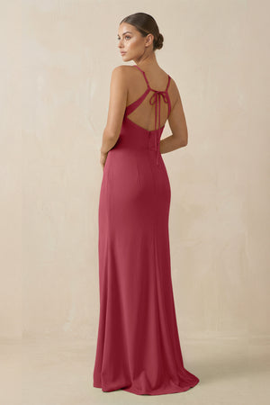 Merlot Sheath Spaghetti Straps Chiffon Long Bridesmaid Dress (2) | KISSBRIDAL
