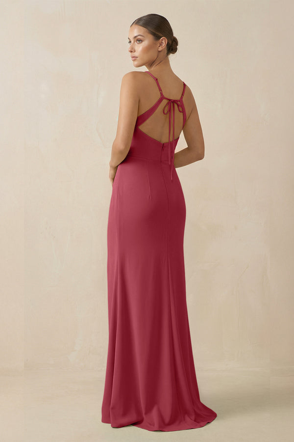 Merlot Sheath Spaghetti Straps Chiffon Long Bridesmaid Dress (2) | KISSBRIDAL