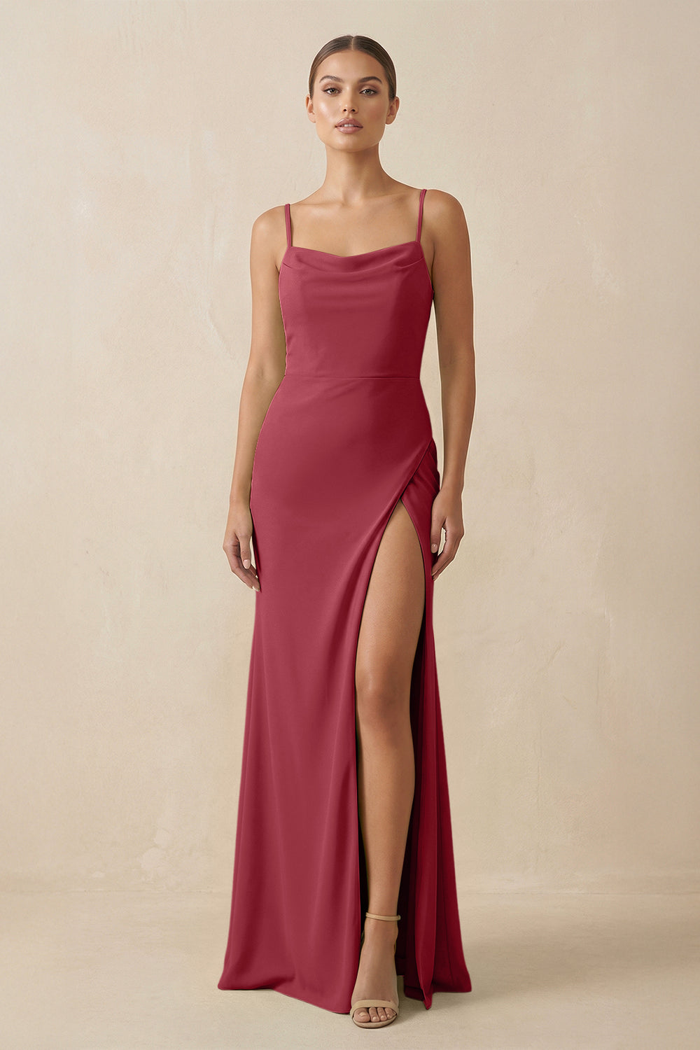 Sheath Spaghetti Straps Chiffon Long Bridesmaid Dress in Merlot
