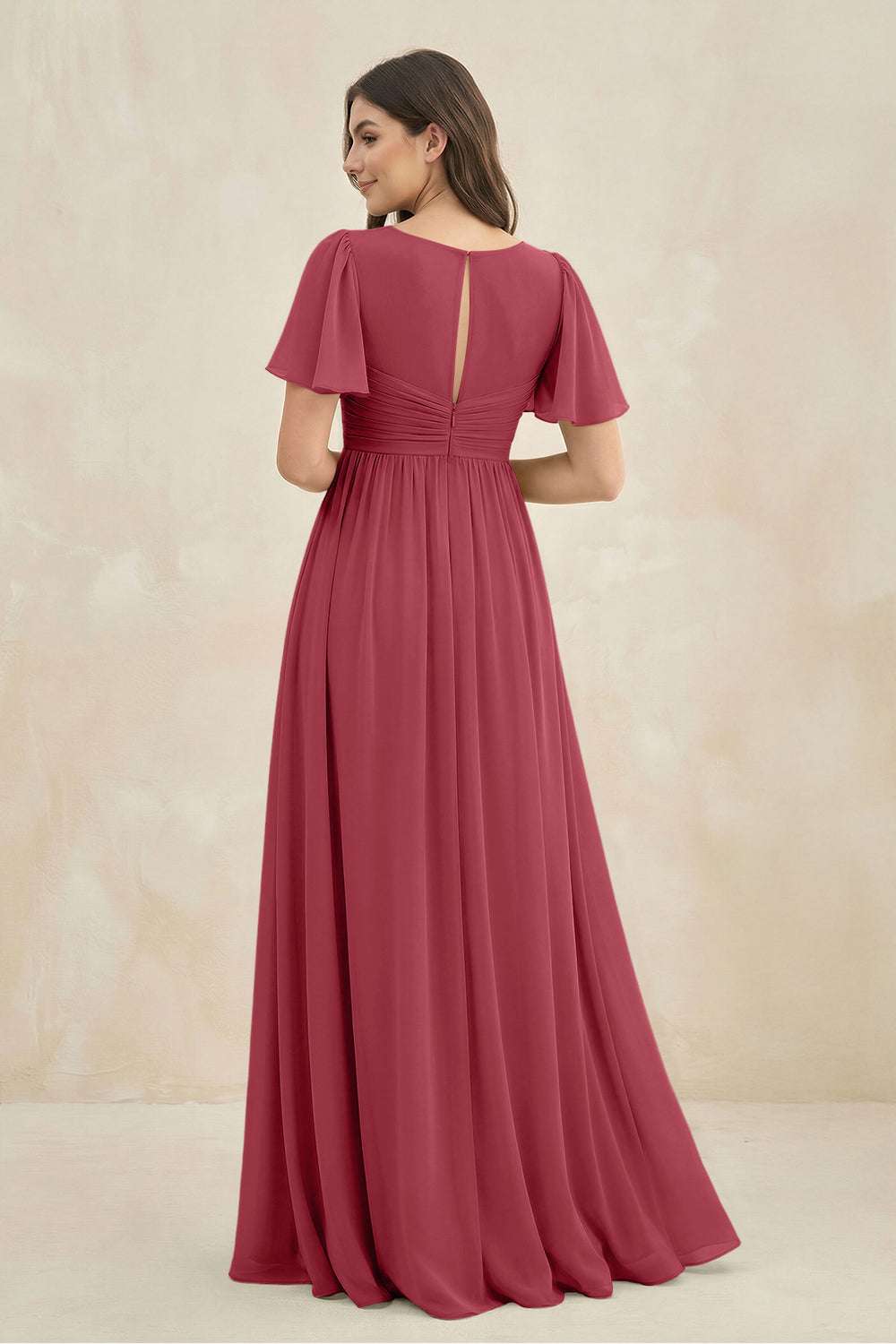 Short Sleeve Chiffon V-Neck A-Line Bridesmaid Dress in Merlot