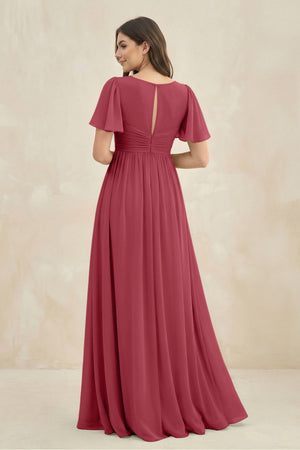 Merlot Short Sleeve Chiffon V-Neck A-Line Bridesmaid Dress (2) | KISSBRIDAL