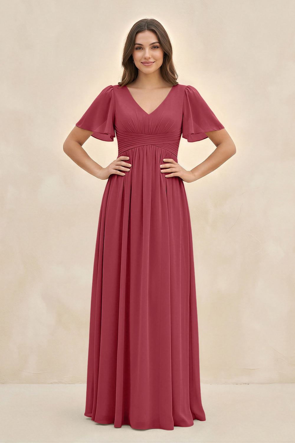 Short Sleeve Chiffon V-Neck A-Line Bridesmaid Dress in Merlot