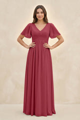Merlot Short Sleeve Chiffon V-Neck A-Line Bridesmaid Dress | KISSBRIDAL