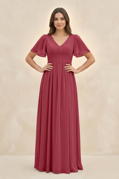 Merlot Short Sleeve Chiffon V-Neck A-Line Bridesmaid Dress | KISSBRIDAL