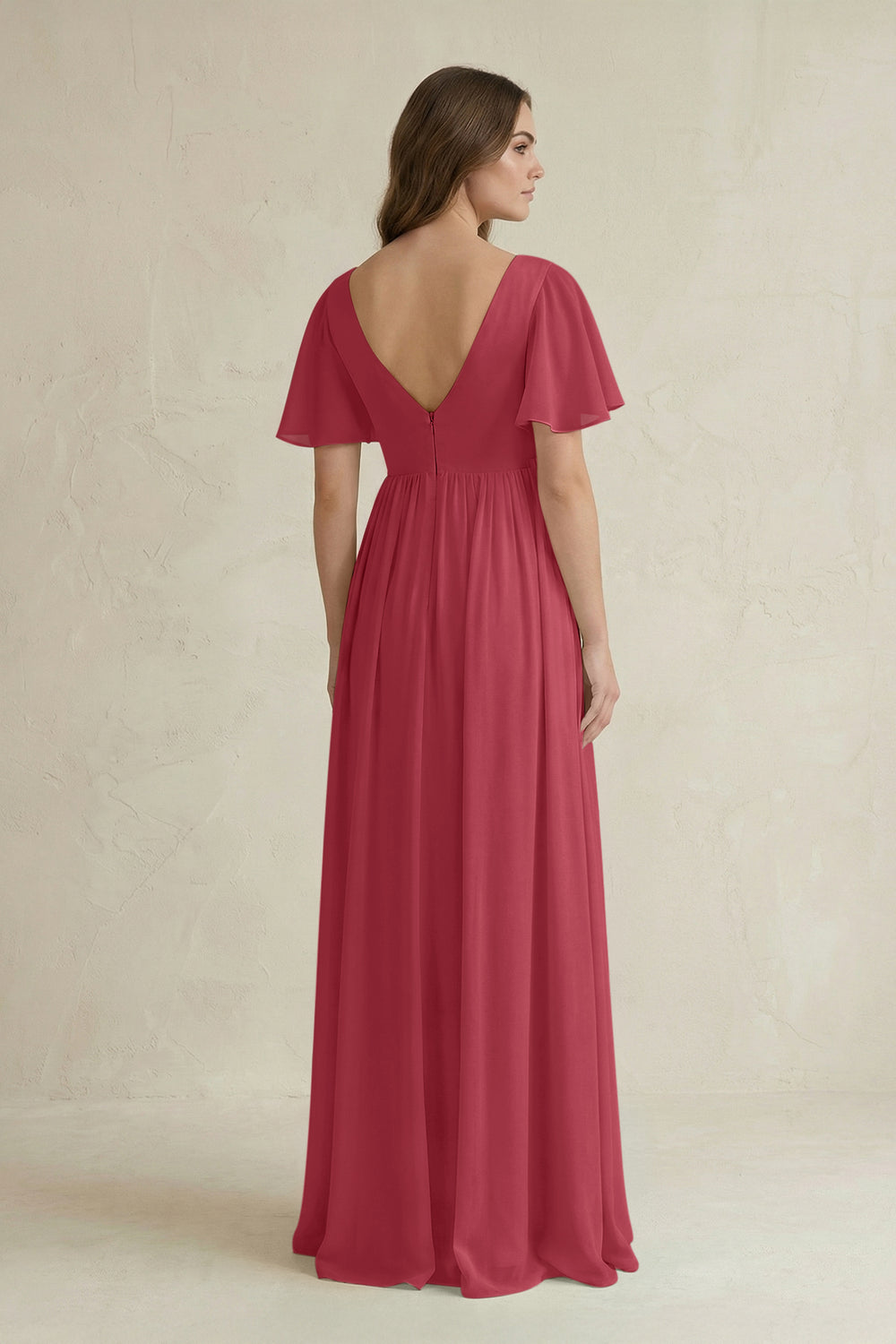 Short Sleeve V-Neck A-Line Chiffon Bridesmaid Dress in Merlot