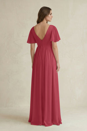 Merlot Short Sleeve V-Neck A-Line Chiffon Bridesmaid Dress (2) | KISSBRIDAL