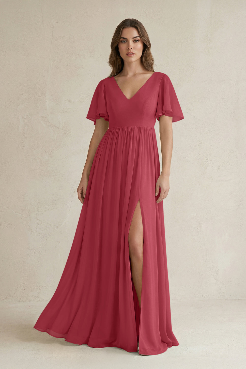Short Sleeve V-Neck A-Line Chiffon Bridesmaid Dress in Merlot