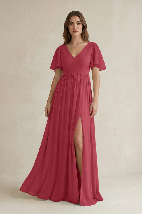 Merlot Short Sleeve V-Neck A-Line Chiffon Bridesmaid Dress | KISSBRIDAL