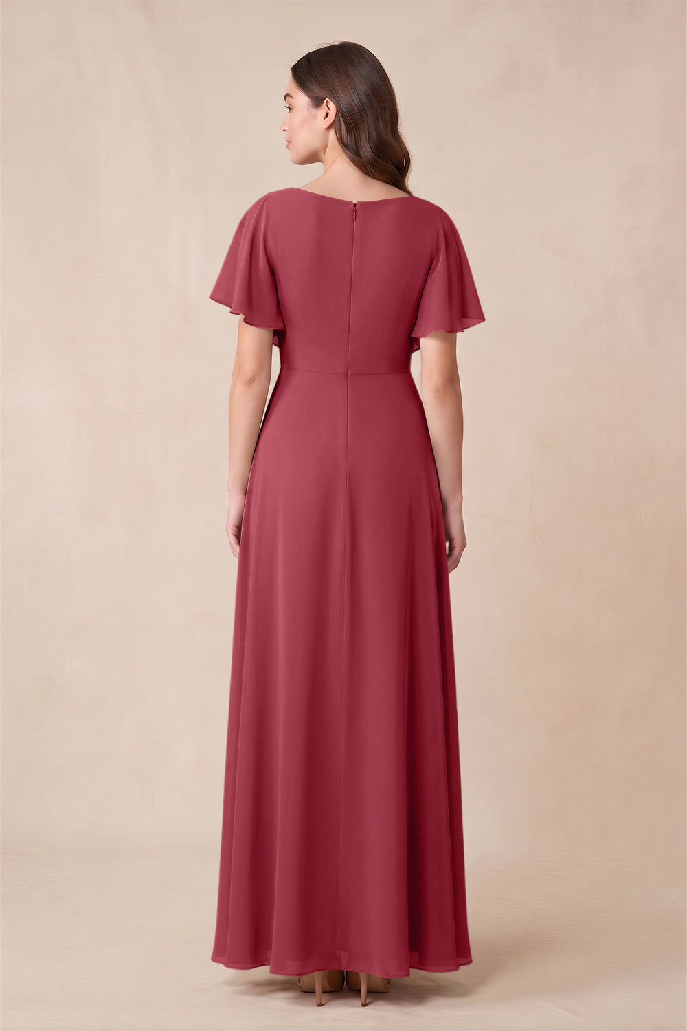 Short Sleeves Bateau A-Line Chiffon Bridesmaid Dress in Merlot