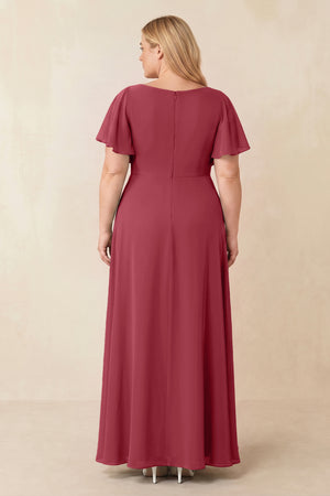 Merlot Short Sleeves Bateau A-Line Chiffon Bridesmaid Dress (2) [sizeplus] | KISSBRIDAL