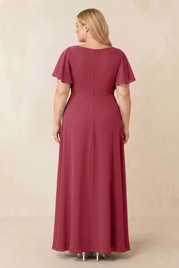 Merlot Short Sleeves Bateau A-Line Chiffon Bridesmaid Dress (2) [sizeplus] | KISSBRIDAL