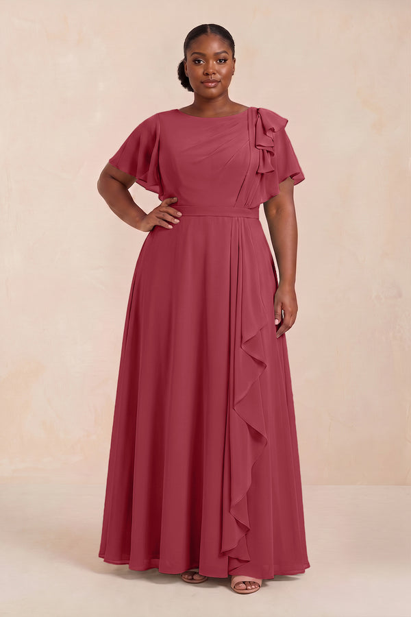 Merlot Short Sleeves Bateau A-Line Chiffon Bridesmaid Dress (3) [sizeplus] | KISSBRIDAL
