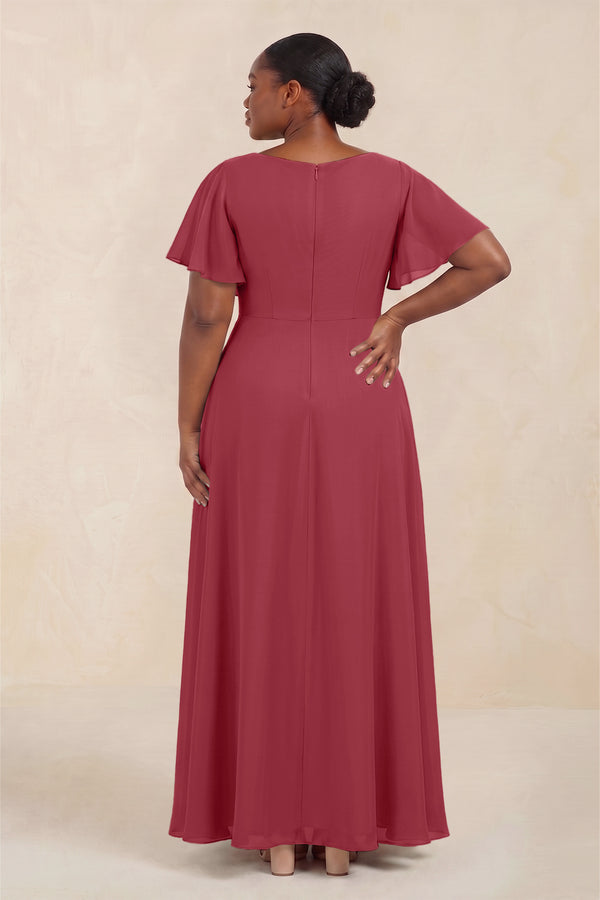 Merlot Short Sleeves Bateau A-Line Chiffon Bridesmaid Dress (4) [sizeplus] | KISSBRIDAL
