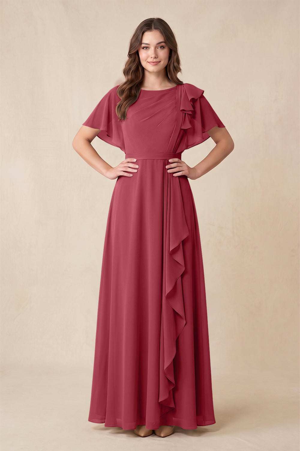 Short Sleeves Bateau A-Line Chiffon Bridesmaid Dress in Merlot