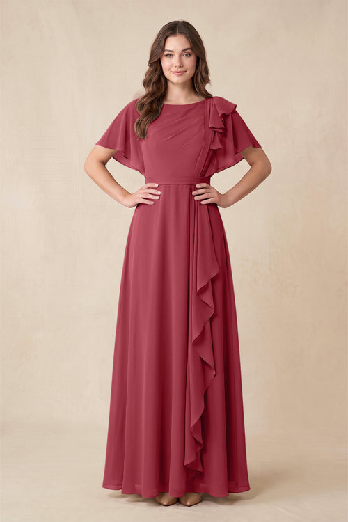 Merlot Short Sleeves Bateau A-Line Chiffon Bridesmaid Dress | KISSBRIDAL