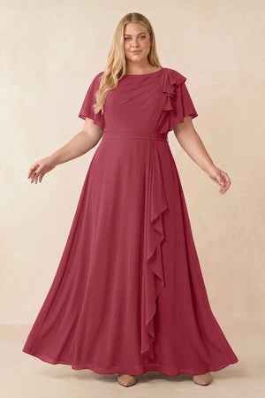 Merlot Short Sleeves Bateau A-Line Chiffon Bridesmaid Dress [sizeplus] | KISSBRIDAL