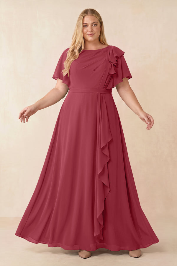 Merlot Short Sleeves Bateau A-Line Chiffon Bridesmaid Dress [sizeplus] | KISSBRIDAL