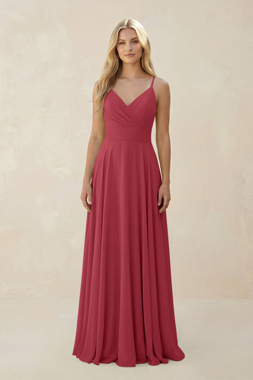 Merlot Spaghetti Strap A-Line Chiffon Bridesmaid Dress | KISSBRIDAL