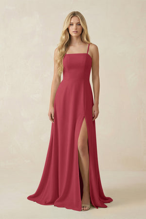 Merlot Spaghetti Strap Chiffon A-Line Bridesmaid Dress | KISSBRIDAL