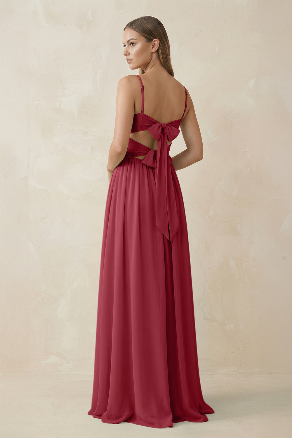 Spaghetti Strap Pleated A-Line Chiffon Bridesmaid Dress in Merlot