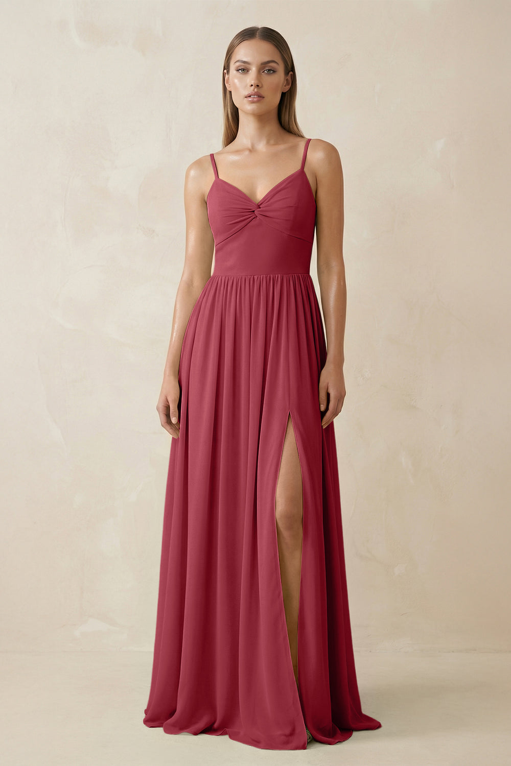 Spaghetti Strap Pleated A-Line Chiffon Bridesmaid Dress in Merlot