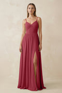 Merlot Spaghetti Strap Pleated A-Line Chiffon Bridesmaid Dress | KISSBRIDAL